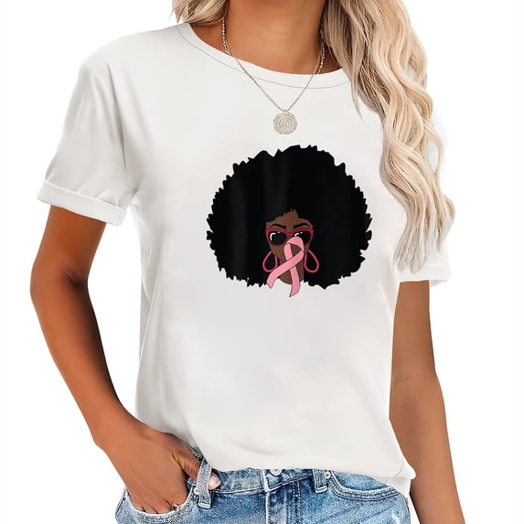 Womens Afro Woman Pink Ribbon Breast Cancer Awareness Month Warrior T Shirt Black 2X-Large