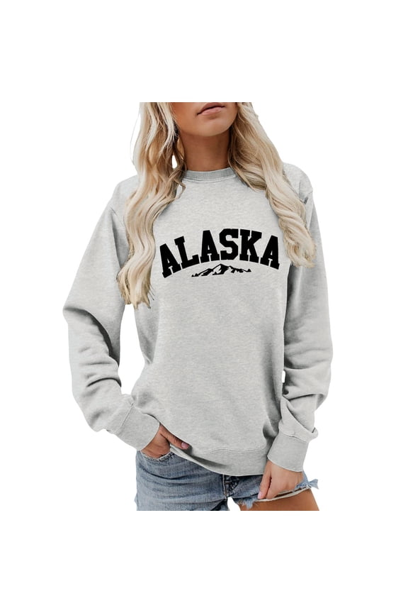 Womens Alaska Sweatshirt Retro Mountain Graphic Long Sleeve Crew Neck Pullover Casual Lightweight Tops