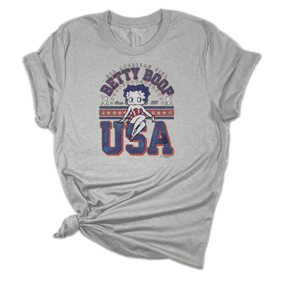 Womens All American Girl Betty Boop USA Short Sleeve T-shirt Graphic Tee Graphic Tee-Sports Grey-large