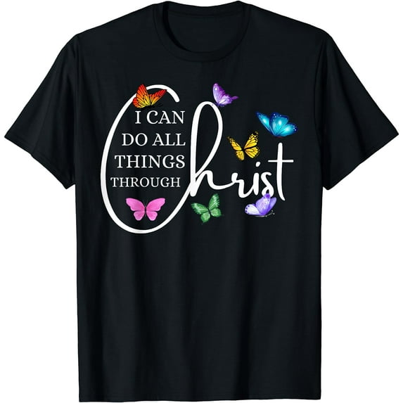 Womens All Things Through Christ Faith Based Christian Graphic T-Shirt Black 4X-Large