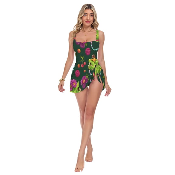 Womens Alligator Flower Pattern Print 2-in-1 Swim Dress Detachable Skirt One-Piece Swimsuit Square Neck S-XXL