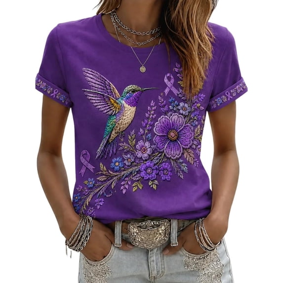 Womens Alzheimer'S Awareness Floral & Hummingbird Print Tops Purple Ribbon Short Sleeve Alzheimer'S Awareness Support Crew Neck T Shirts For Women