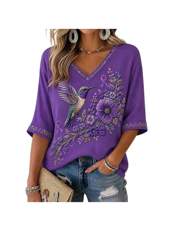 Womens Alzheimers Awareness Shirts 3/4 Length Sleeve Purple Ribbon Tee Tops Alzheimers Floral & Hummingbird Print V Neck Shirts