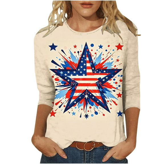 Womens American Flag 3/4 Sleeve Shirts Crew Neck 4th of July Stars Stripes Graphic Tee Plus Size Independence Day Tunic Summer Tops Dressy Casual Basic Tees Memorial Day Patriotic Blouses Clothes