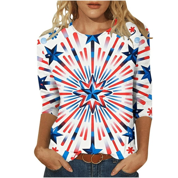 Womens American Flag 3/4 Sleeve Shirts Crew Neck 4th of July Stars Stripes Graphic Tee Plus Size Independence Day Tunic Summer Tops Dressy Casual Basic Tees Memorial Day Patriotic Blouses Clothes
