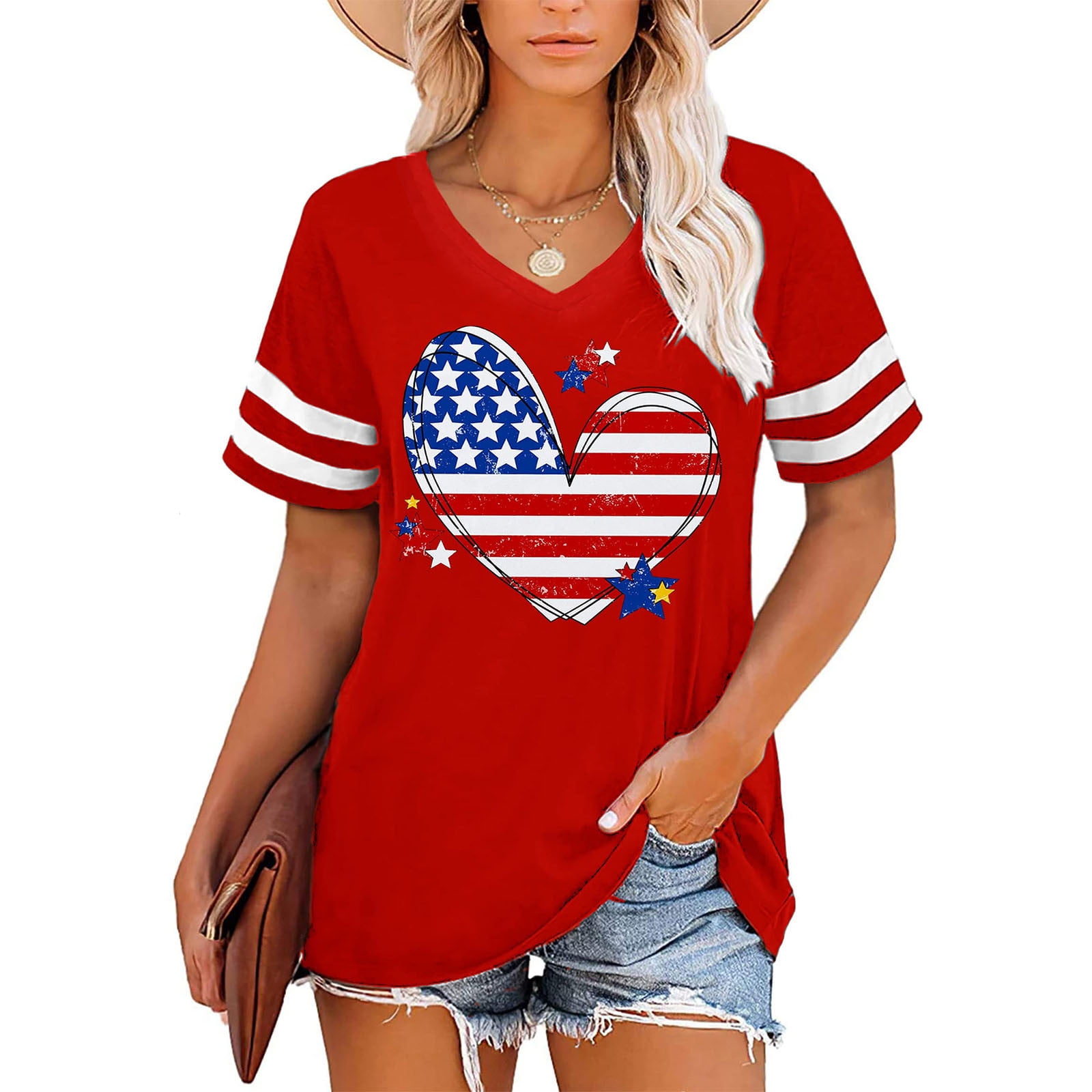 Womens American Flag Shirt Short Sleeve Usa 4th Of July Flag Top Loose Patriotic T Shirts