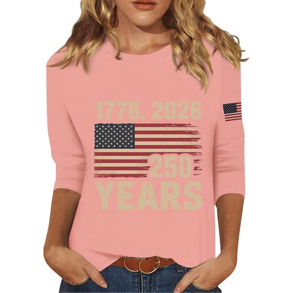 Womens American Flag Shirts Casual Crew Neck 3/4 Sleeve Shirts Casual 250 Year American Anniversary Shirt