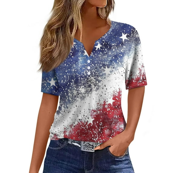 Womens American Flag Shirts July 4th 3/4 Sleeve Tunic Tops Notch Neck USA Flag Graphic Tees Shirt Loose Pullover Blouses Celebration Tops