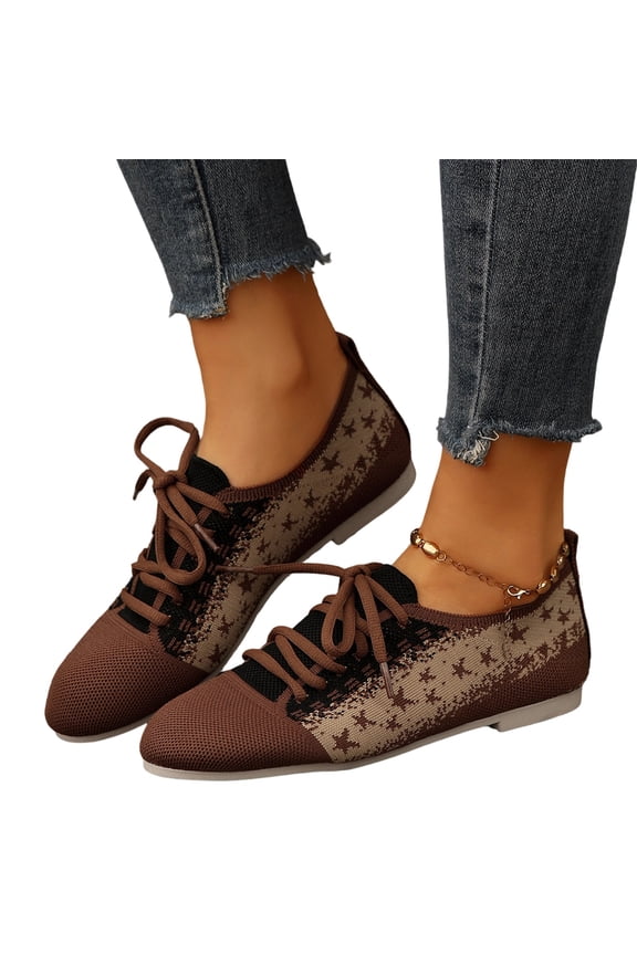 Womens American Flag Star Pattern Knit Sneakers, Lightweight Flat Lace-Up Shoes Casual Patriotic Walking Shoes for Daily Wear (Brown,43)