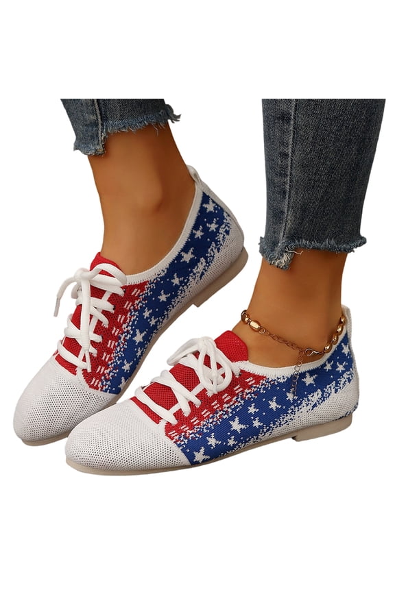 Womens American Flag Star Pattern Knit Sneakers, Lightweight Flat Lace-Up Shoes Casual Patriotic Walking Shoes for Daily Wear (White,39)