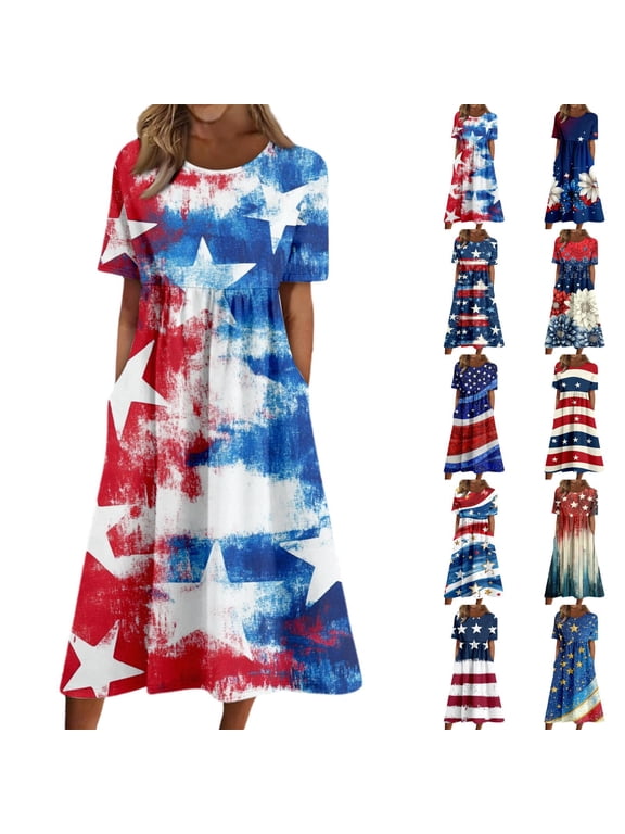 Womens American Flag Star Striped Dress Short Sleeve Plus Size 250 Anniversary USA Patriotic 4Th of July Midi Dress Deep Red 2XL