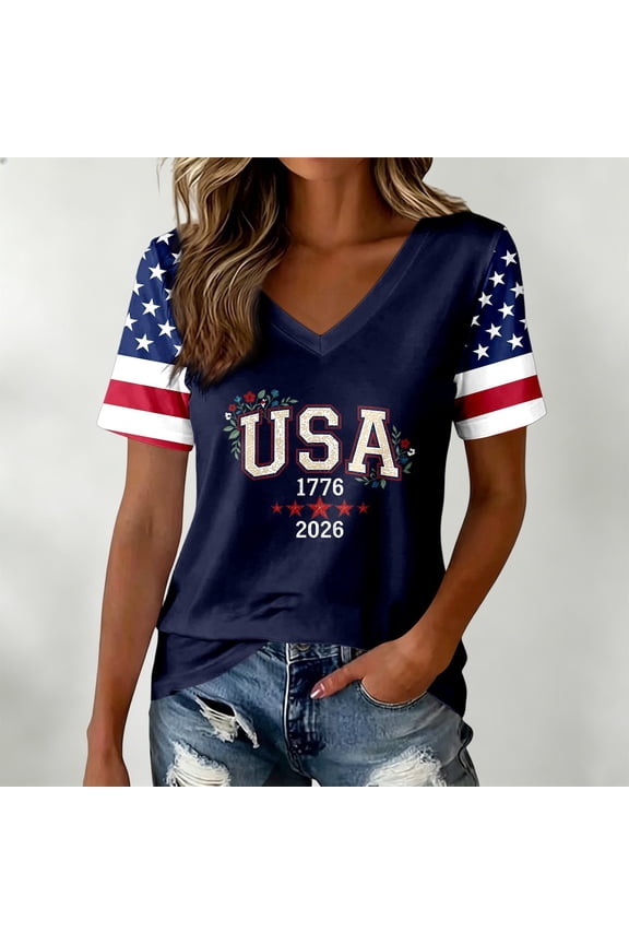Womens American Flag T-Shirt Patriotic Graphic Tee 4th of July Independence Day Shirt 1776-2026 Anniversary T-shirt Casual Short Sleeve Tops(Navy1,XL)
