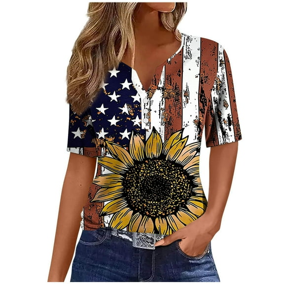 Womens American Flag T Shirt USA Star Stripes Fourth July Tee Shirts Button-up V Neck Short Sleeve Tunic Tops Fashion Butterfly Graphic Tunic T-Shirt Independence Day Patriotic Tees Blouses