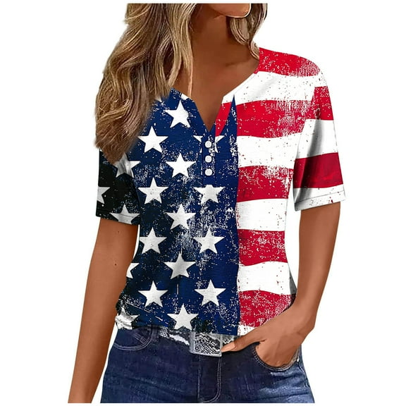Womens American Flag T Shirt USA Star Stripes Fourth July Tee Shirts Button-up V Neck Short Sleeve Tunic Tops Fashion Butterfly Graphic Tunic T-Shirt Independence Day Patriotic Tees Blouses