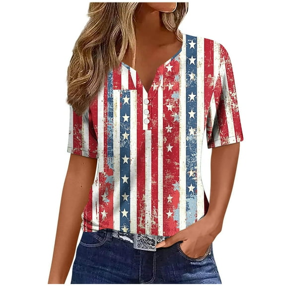 Womens American Flag T Shirt USA Star Stripes Fourth July Tee Shirts Button-up V Neck Short Sleeve Tunic Tops Fashion Butterfly Graphic Tunic T-Shirt Independence Day Patriotic Tees Blouses