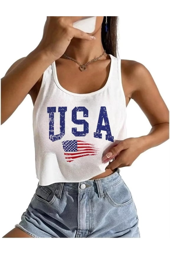 Womens American Flag T-Shirts 4th of July Shirts Patriotic Independence Day Tops (L,USA Crop White)