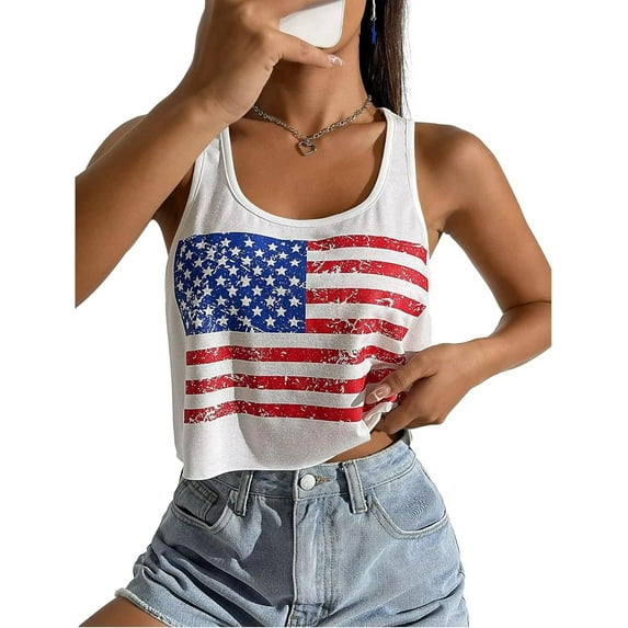 Womens American Flag T-Shirts 4th of July Shirts Patriotic Independence Day Tops (M,Flag Crop White)