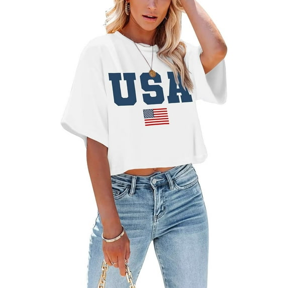 Womens American Flag T-Shirts 4th of July Shirts Patriotic Independence Day Tops (M,Short Crop White)