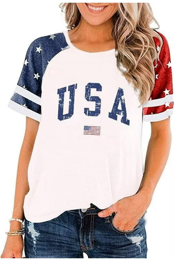 Womens American Flag T-Shirts 4th of July Shirts Patriotic Independence Day Tops (XL,Colorblock White)
