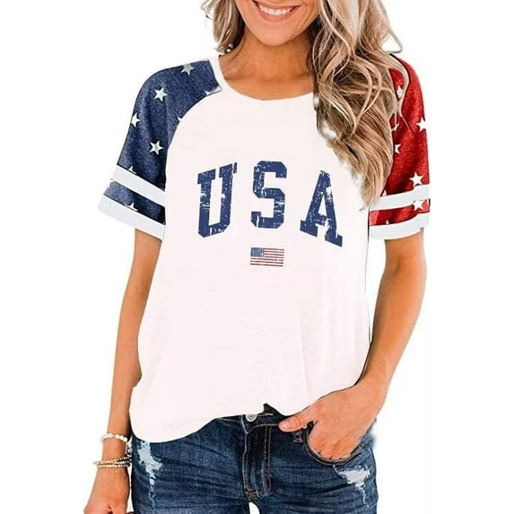 Womens American Flag T-Shirts 4th of July Shirts Patriotic Independence Day Tops (XL,Colorblock White)
