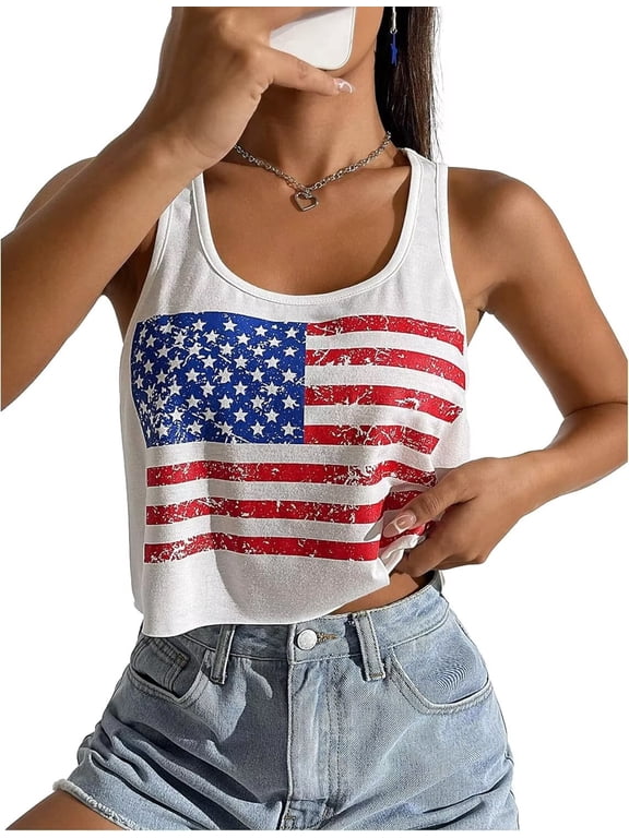 Womens American Flag T-Shirts 4th of July Shirts Patriotic Independence Day Tops (XL,Flag Crop White)