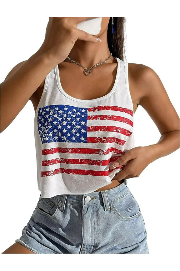Womens American Flag T-Shirts 4th of July Shirts Patriotic Independence Day Tops (XL,Flag Crop White)
