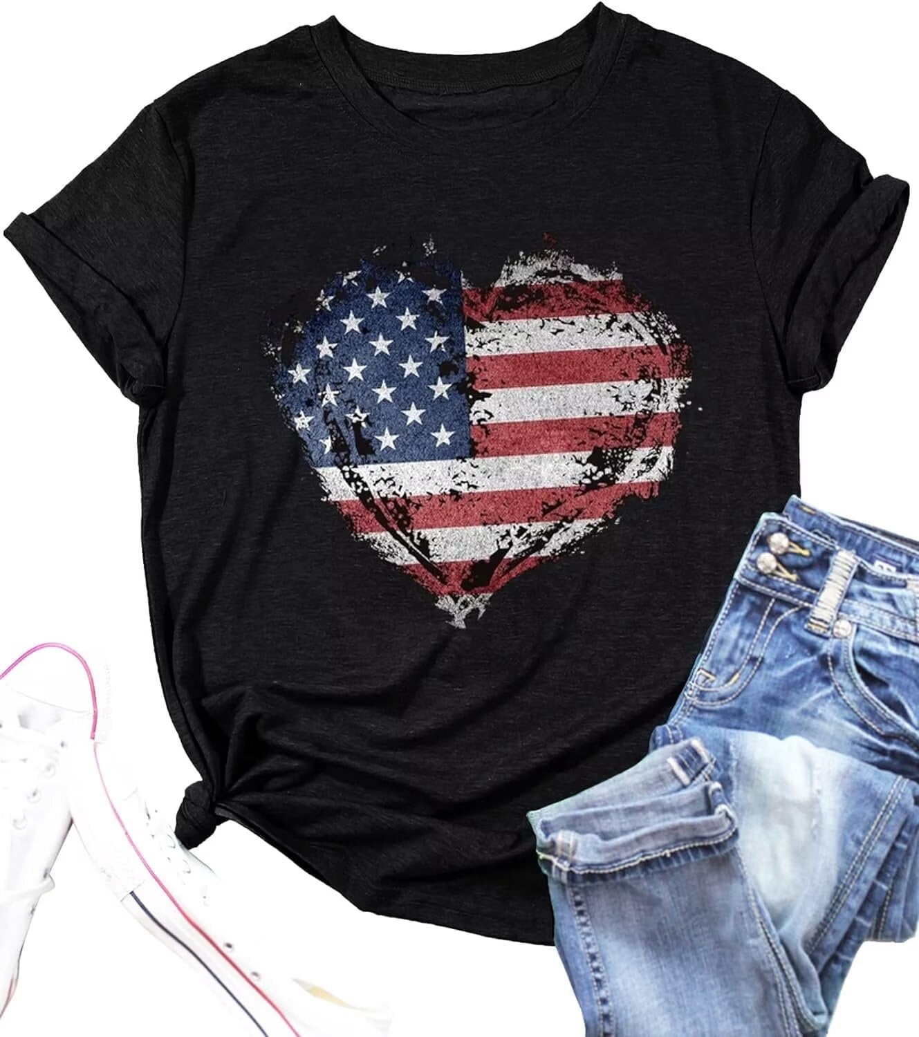 Women's American Flag Heart T-Shirt | Patriotic 4th Of July Graphic Tee | Soft Cotton Blend Top For Independence Day