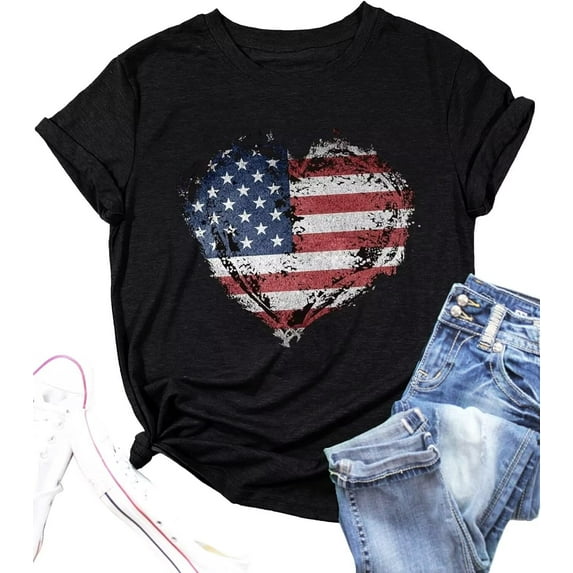 Womens American Flag T-Shirts 4th of July Shirts Patriotic Independence Day Tops (XL,Heart Black)