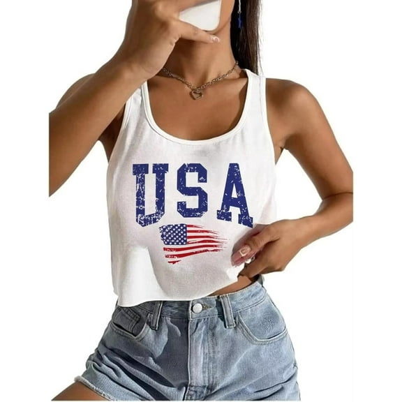 Womens American Flag T-Shirts 4th of July Shirts Patriotic Independence Day Tops (XL,USA Crop White)