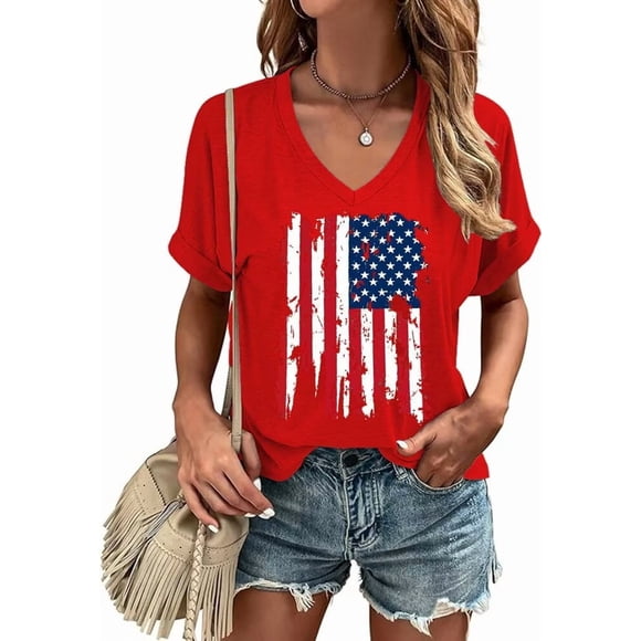 Womens American Flag T-Shirts 4th of July Shirts Patriotic Independence Day Tops (XL,V Red)