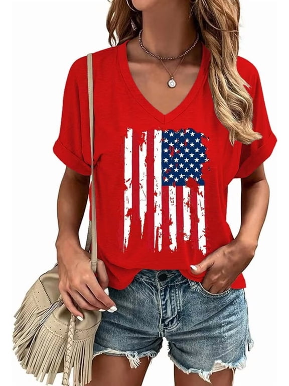 Womens American Flag T-Shirts 4th of July Shirts Patriotic Independence Day Tops (XL,V Red)