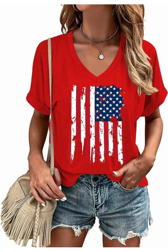 Womens American Flag T-Shirts 4th of July Shirts Patriotic Independence Day Tops (XL,V Red)