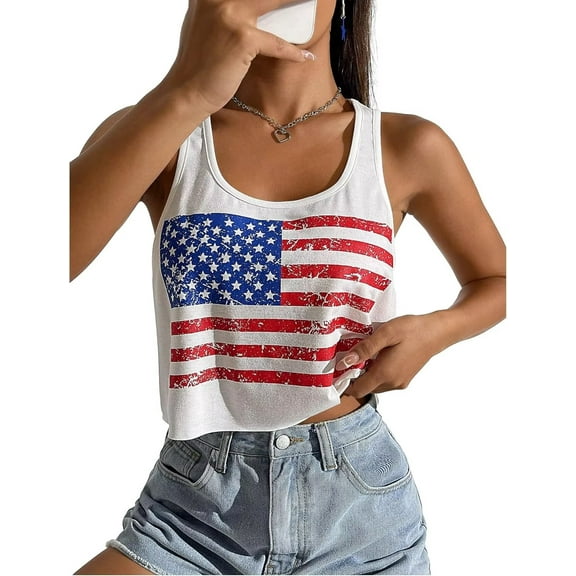 Womens American Flag T-Shirts 4th of July Shirts Patriotic Independence Day Tops (XXL,Flag Crop White)