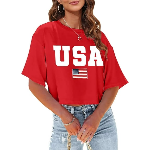 Womens American Flag T-Shirts 4th of July Shirts Patriotic Independence Day Tops (XXL,Short Crop Red)