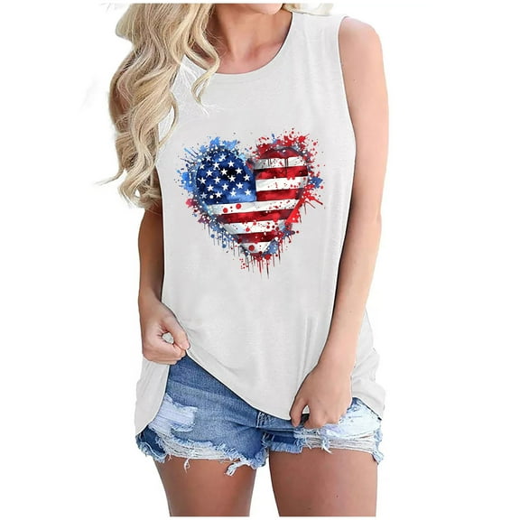 Womens American Flag Tank Tops 4Th of July Sleeveless Tops Teen Girls Heart USA Stars Stripes Patriotic T Shirt Summer Loose Vest Tees Casual Round Neck Tanks Memorial Day Tees Independence Day Tops