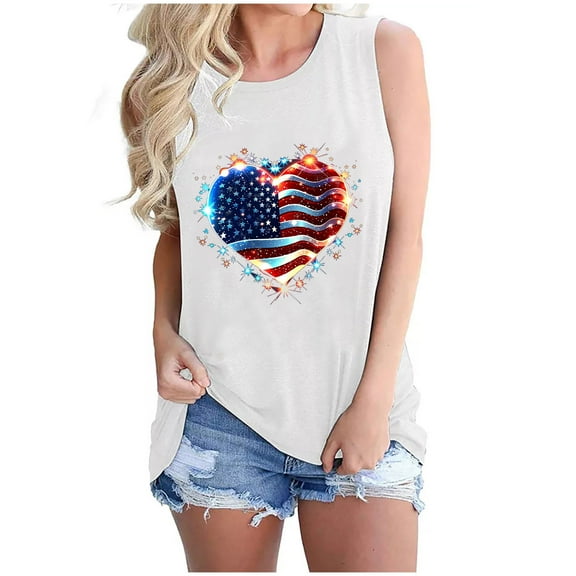 Womens American Flag Tank Tops 4Th of July Sleeveless Tops Teen Girls Heart USA Stars Stripes Patriotic T Shirt Summer Loose Vest Tees Casual Round Neck Tanks Memorial Day Tees Independence Day Tops