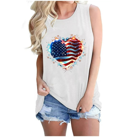 Womens American Flag Tank Tops 4Th of July Sleeveless Tops Teen Girls Heart USA Stars Stripes Patriotic T Shirt Summer Loose Vest Tees Casual Round Neck Tanks Memorial Day Tees Independence Day Tops