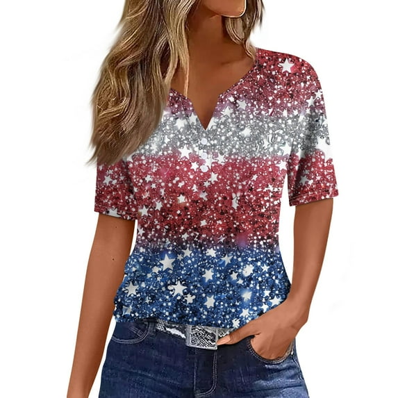 Womens American Flag Tops 3/4 Sleeve Summer USA Flag Star Stripes Print Tops Button Henley Neck Slim Fit Half Sleeve Party Tshirts Shirts Patriotic Blouse