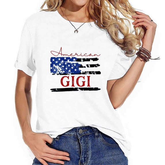 Womens American Gigi Flag, Cute 4Th Of July Usa Round-Neck T-Shirt