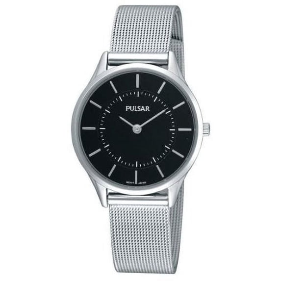 Womens Analog Stainless Watch - Silver Mesh Bracelet - Black Dial - PTA501X