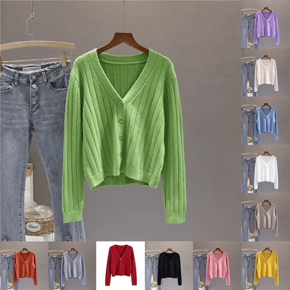 Womens And Winter V Neck Knitted Sweater Tops Long Sleeves Loose Short Cardigan Green YIWEI