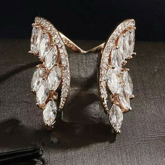 Womens Angel Wing Ring Alloy Electroplated Gemstone Inlaid Elegant Fashion Jewelry Gift For Her Rose Gold Tone Luxe