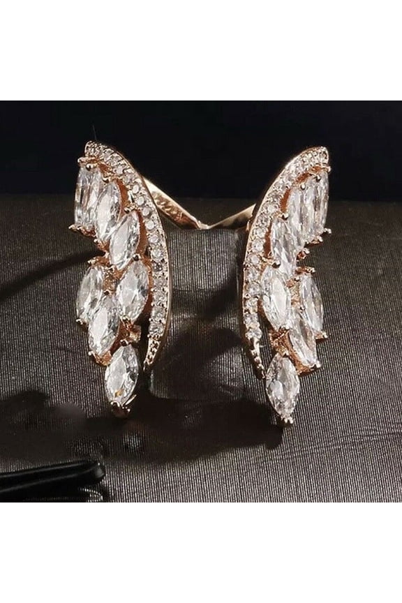 Womens Angel Wing Ring Alloy Electroplated Gemstone Inlaid Elegant Fashion Jewelry Gift For Her Rose Gold Tone Luxe