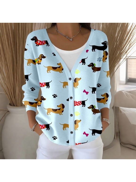 Womens Animal Graphic Sweatshirts Puppy Dog Paw Bone Printed Casual Knit Cardigan V-Neck Button Front Long Sleeve Outerwear with Side Pockets Daily Lounge Outfits
