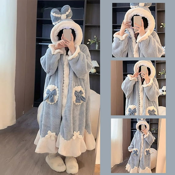 Womens Animal Pajamas Velvet Cute Rabbit Jumpsuit Button Down Warm Hood Loungewear