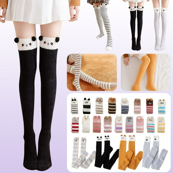 Womens Animal Print Knee Socks Coral Wool Blend Plush Lined Home Wear