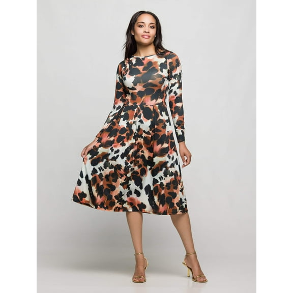 Womens Animal Long Sleeve Midi Pocket Dress