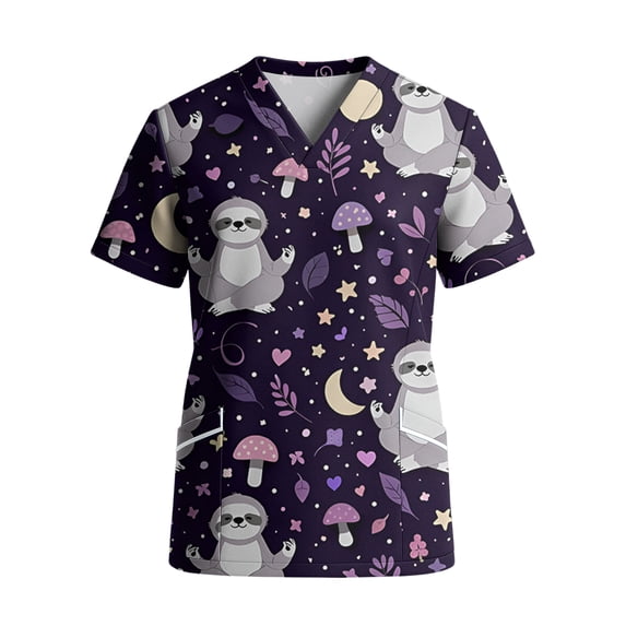 Womens Animal Print Nurse Uniforms Scrub Tops for Woman, Short Sleeve V Neck Scrub Shirt with Pockets - Purple - M