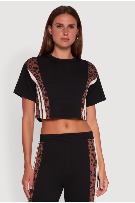 Womens Animal Print Varsity Stripe Side Crop Top