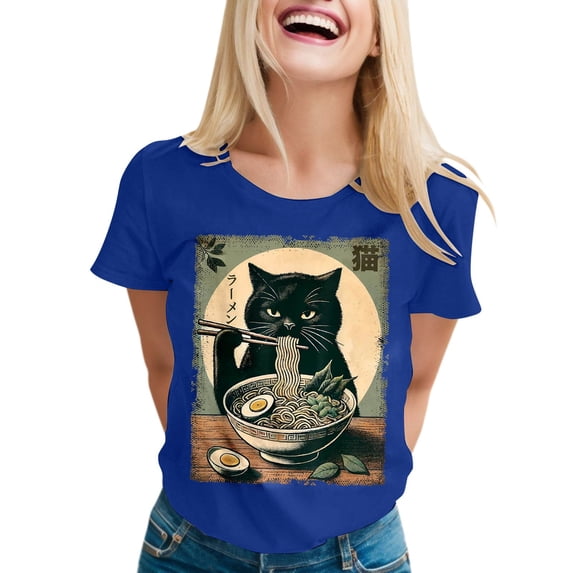 Womens Anime Cat Ramen Graphic T-Shirts Japanese Funny Graphic Short Sleeve Tees Kawaii Cat Anime Gifts Tops